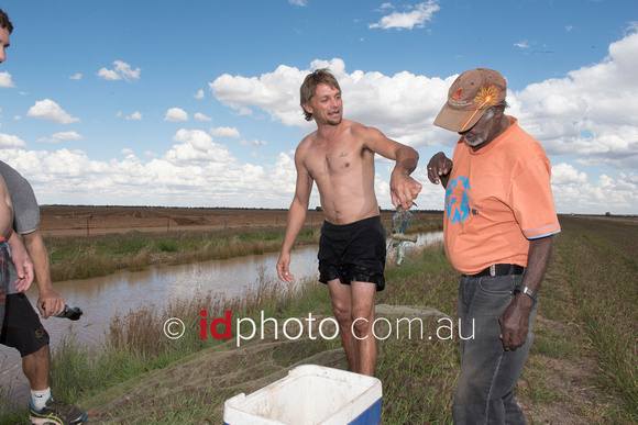 Indiginous men net trawling for yabbies in water channel near St George
