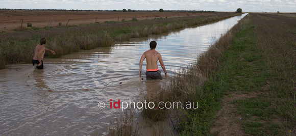 Indiginous men net trawling for yabbies in water channel near St George